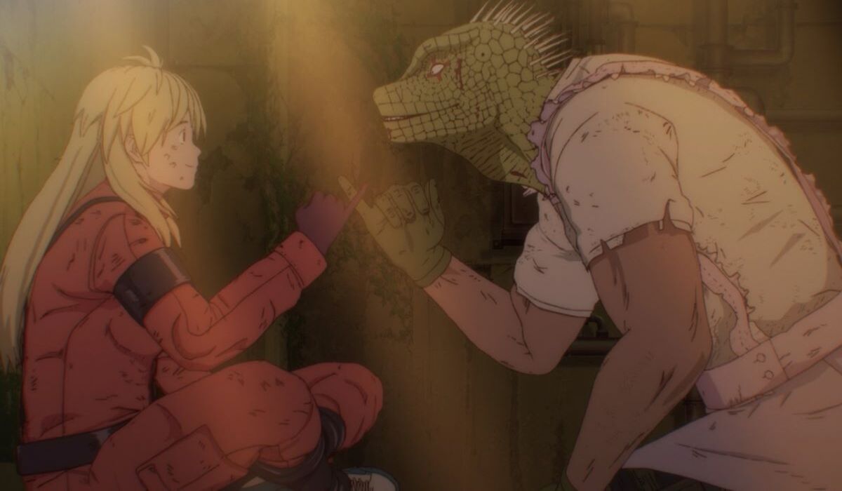 Nikaido and Kaiman after escaping En promising to be friends on Episode 12 of Dorohedoro, Season 1.