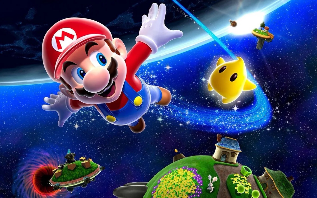 Mario and a cute little star flying through space "Mario Galaxy"