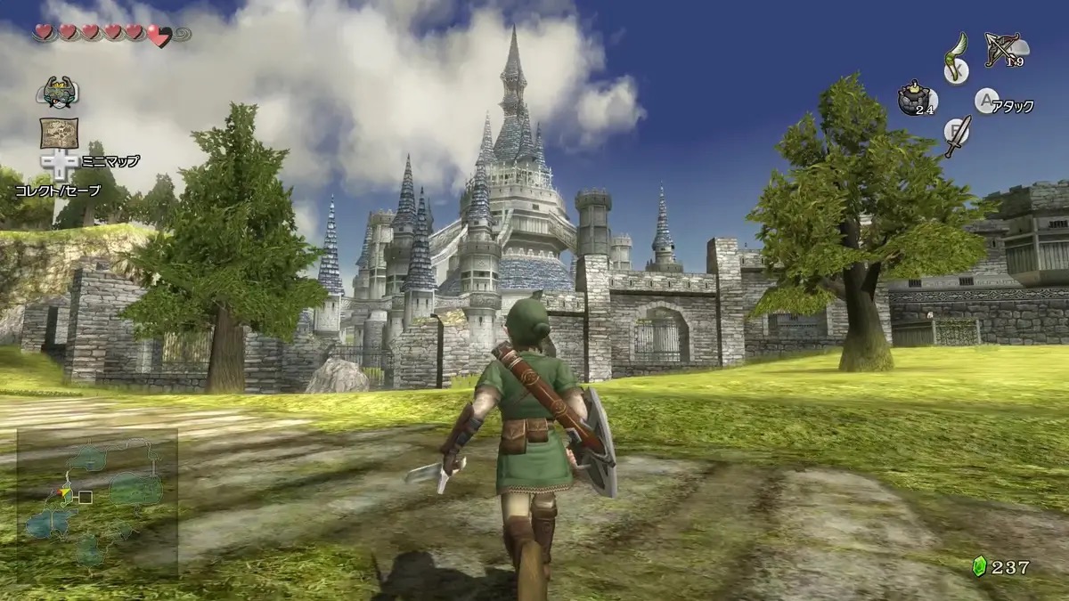 Link runs across a field to a distant castle in "Twilight Princess" 