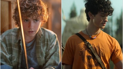 Walker Scobell as Percy Jackson and Charlie Bushnell as Luke Castellan.