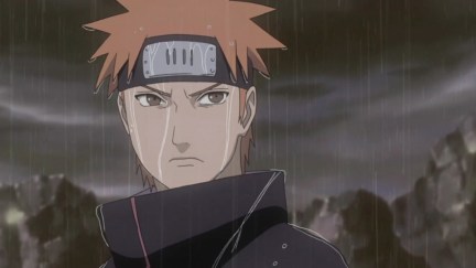 Yahiko frowns in the rain in 