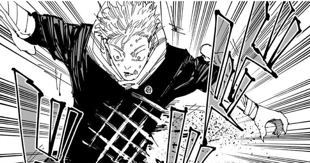 Yuji Itadori evading Sukuna's attacks from Chapter 247 of Jujutsu Kaisen.