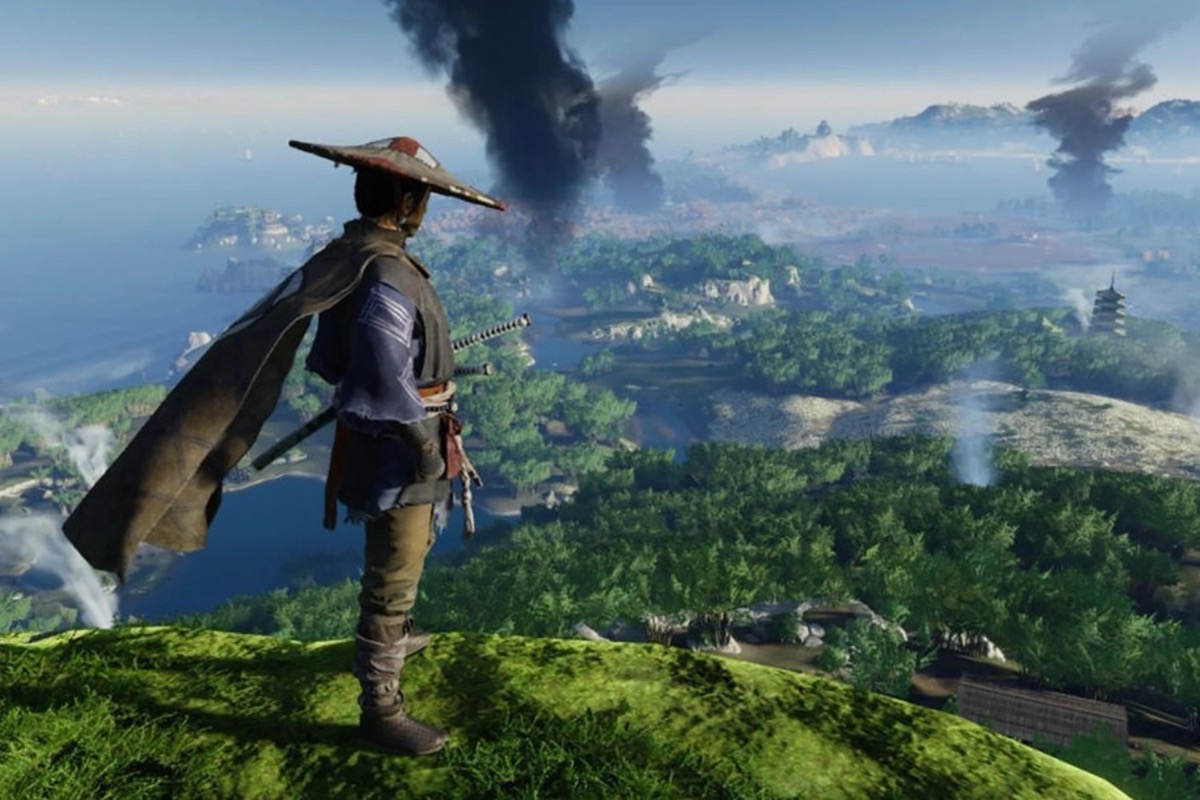 A samurai surveys a lush island landscape in "Ghost of Tsushima"