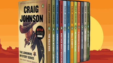 A box set of Longmire novels imposed over an illustration of a desert landscape.