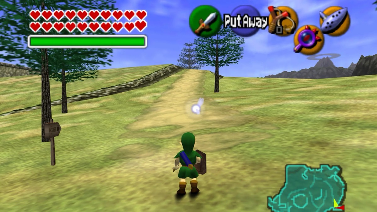 Young Link stands in an open field in "Ocarina of Time" 