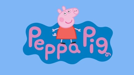 Peppa Pig stands on top of her own name