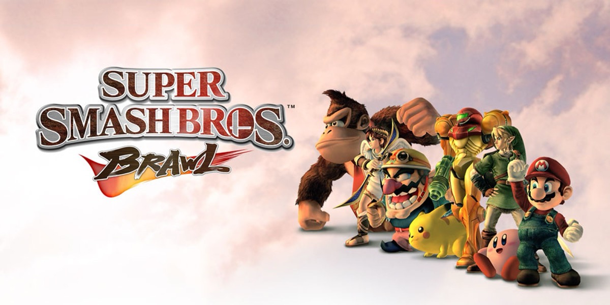 A group of fighters stand in the clouds in "Super Smash Bros. Brawl"