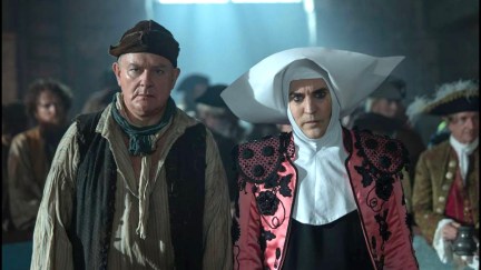 noel fielding and hugh bonneville in the completely made up adventures of dick turpin standing together in costume