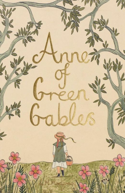 Cover of Anne of Green Gables by L. M. Montgomery. A little red headed girl in a straw hat faces away from the viewer, between two trees, under gold cursive text spelling out the title. It's a colour pencil style reminiscent of Winnie the Pooh.