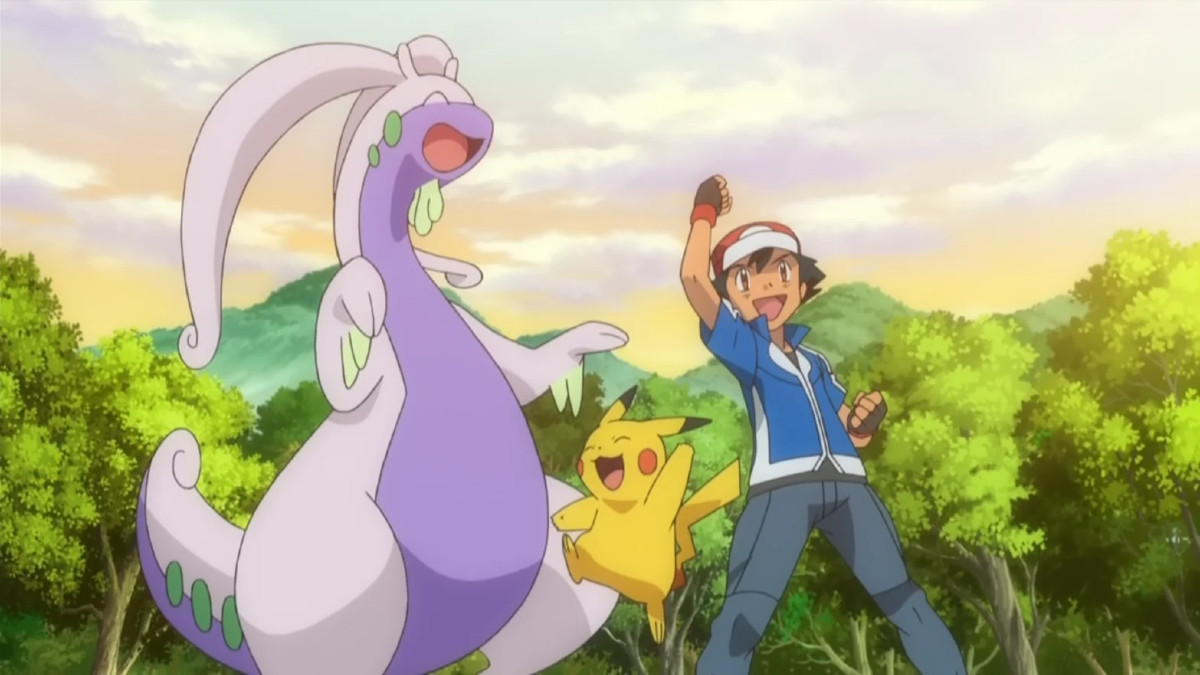 Goodra, Pikachu, and Ash Ketchum in the Pokémon anime