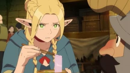 Marcille eating from Delicious in Dungeon