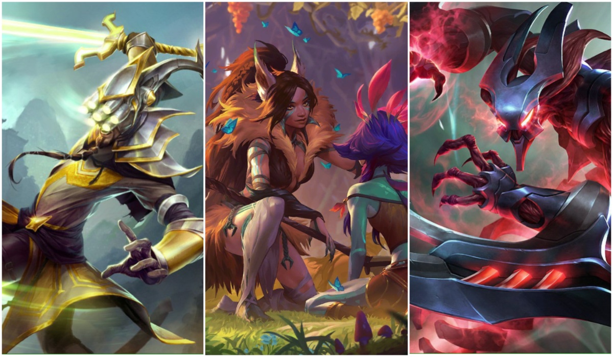 Master Yi, Nidalee, and Nocturne from League of Legends official art.