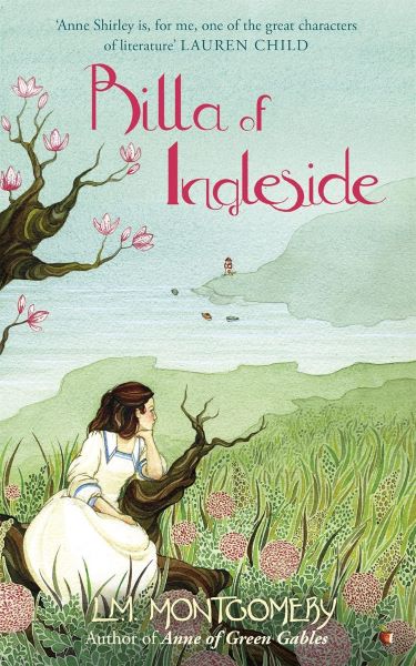 Cover of L. M. Montgomery's Rilla of Ingleside. A Japanese print style watercolour cover of a young, dark haired woman in white sat in a cherry tree.