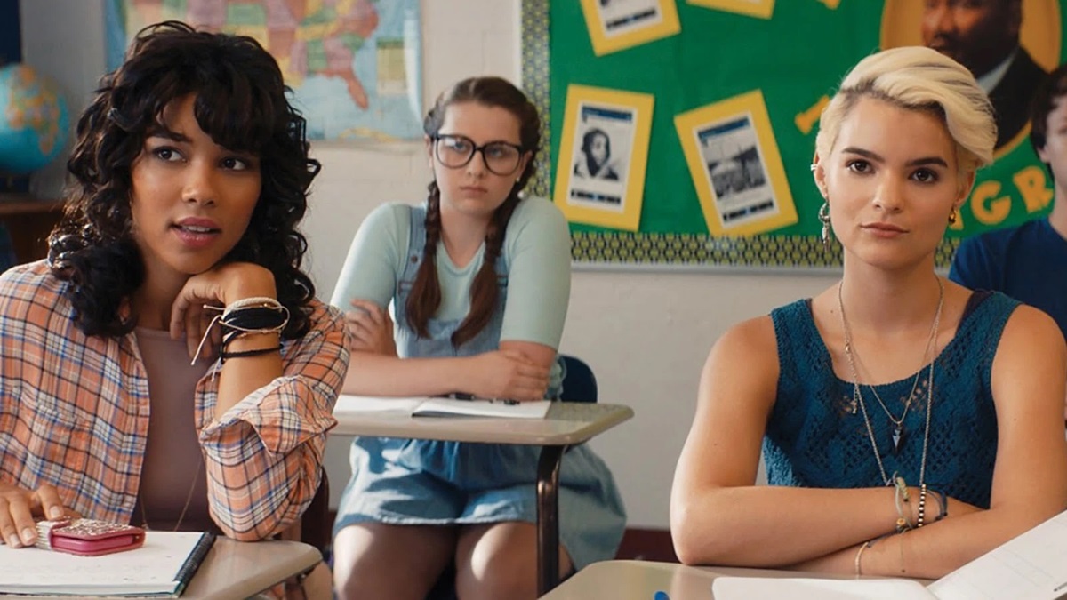 three teen girls look bored in class in Tragedy Girls