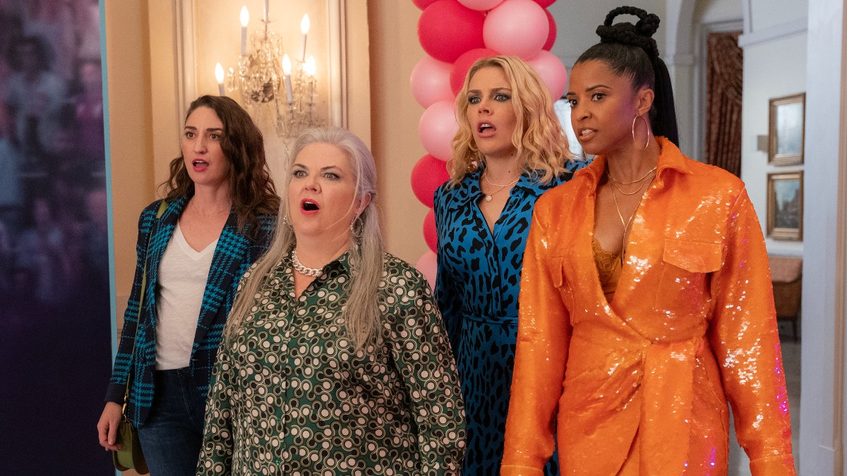 (L to R) Sara Bareilles as Dawn, Paula Pell as Gloria, Busy Philipps as Summer and Renee Elise Goldsberry as Wickie in Girls5eva (Season 3, Episode 04).