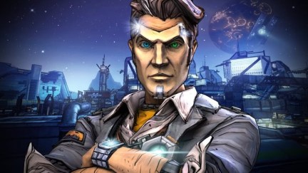 Handsome Jack standing with arms folded in a poster for 