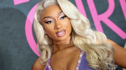 Megan Thee Stallion rocks blonde hair and a purple gown at the 'Mean Girls' premiere.