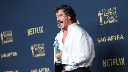 Pedro Pascal grins goofily on the SAG Awards red carpet.