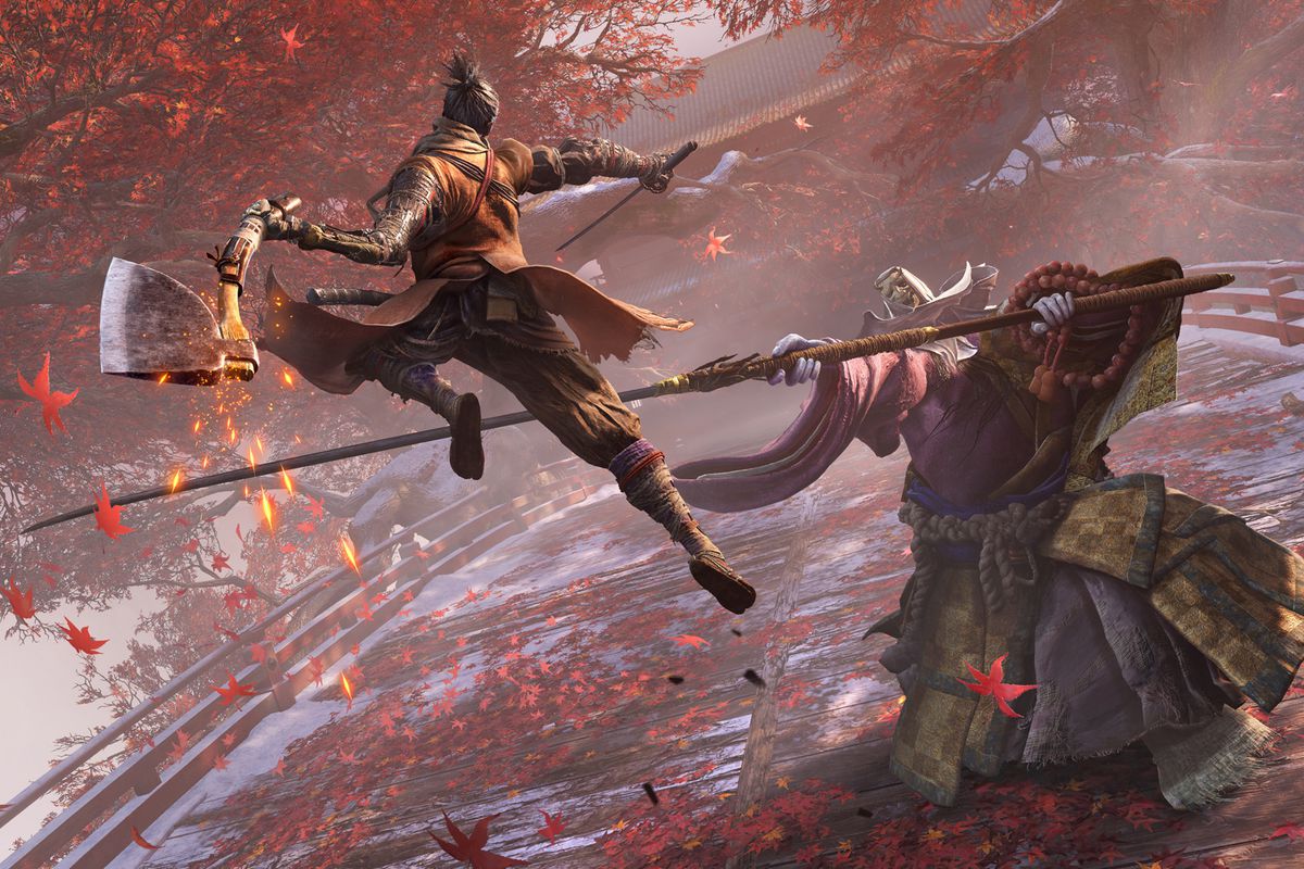 A samurai leaps at a tall demon weilding a naginata in "Sekiro - Shadows Die Twice" 