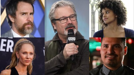 A photo collage of Gore Verbinski, Sam Rockwell, Juno Tempo, Zazie Beetz, and Michael Peña