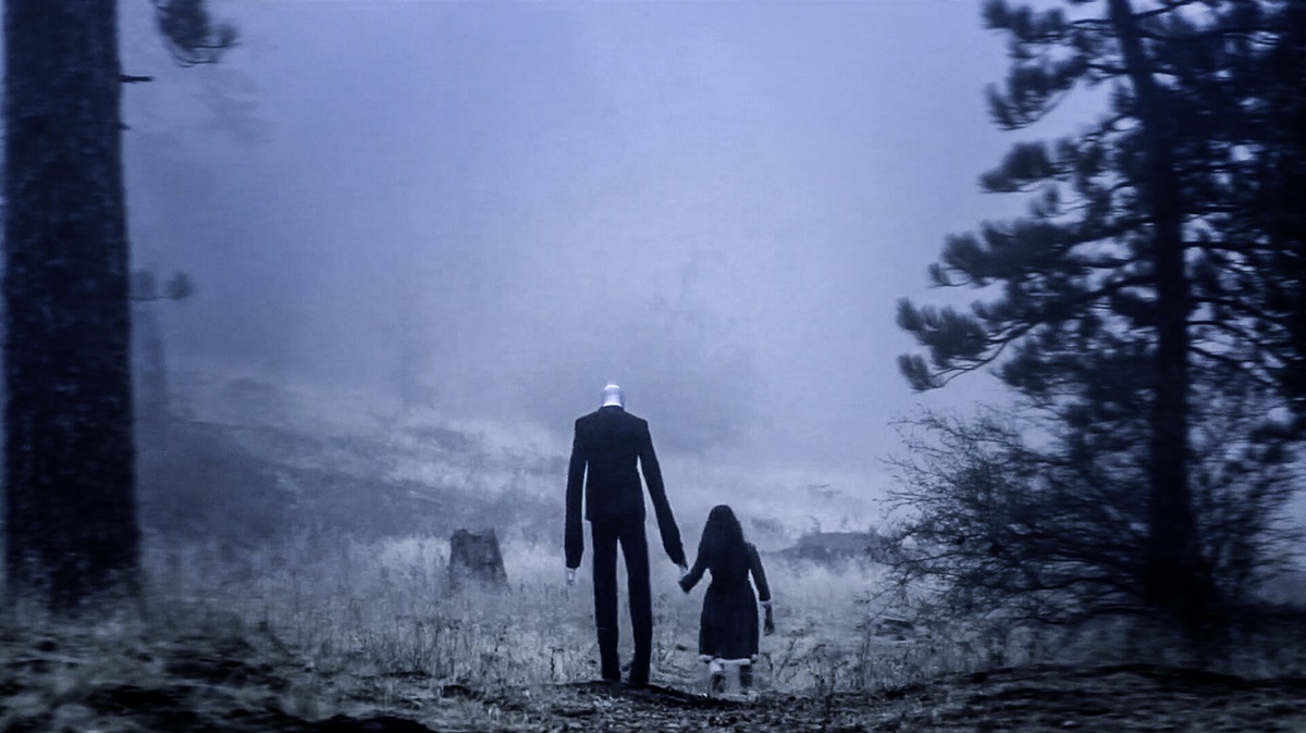 Slenderman and a little girl walking away from the camera