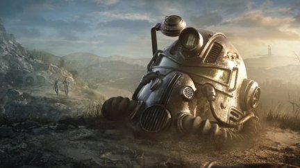 A Power Armor helmet lying in the dust