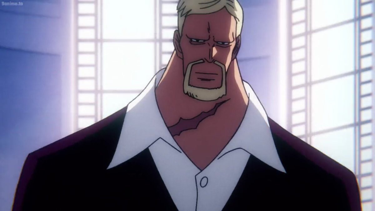 One of the Five Elders Ju Peter looking somber in an airy room in "One Piece"