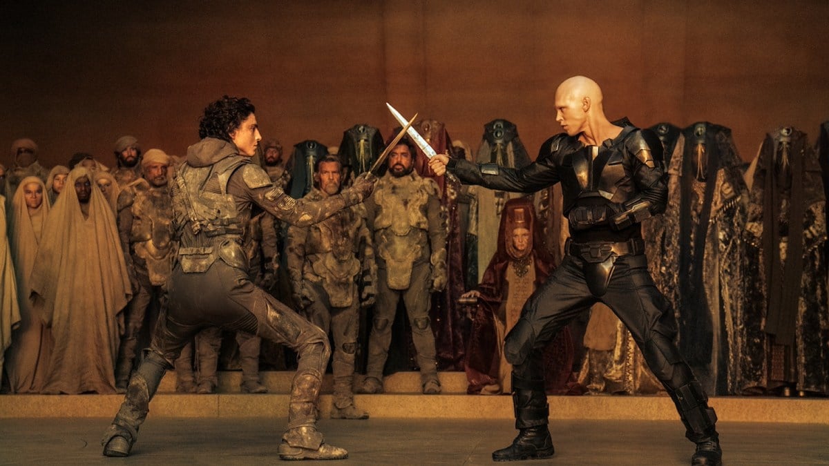 Paul Atreides (Timothee Chalamet) and Feyd-Rautha (Austin Butler) fight in 'Dune: Part Two'