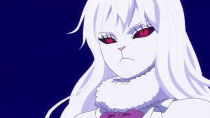 A white bunny person with red eyes glares in 