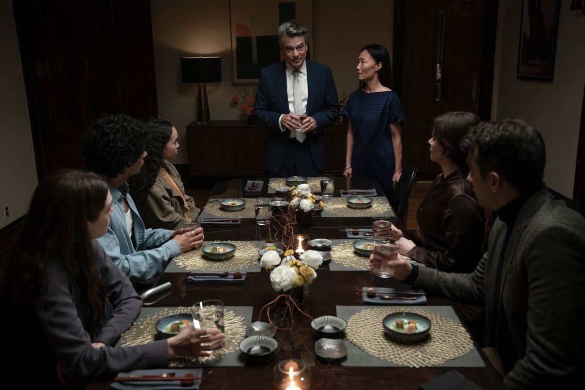 Alanna Bale, Sirena Gulamgaus, Peter Gallagher, Uni Park, Emily Hampshire, and Jay Baruchel in Caitlin Cronenberg's 'Humane'