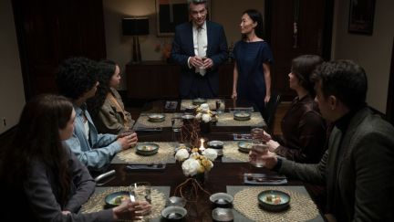 Alanna Bale, Sirena Gulamgaus, Peter Gallagher, Uni Park, Emily Hampshire, and Jay Baruchel in Caitlin Cronenberg's 'Humane'