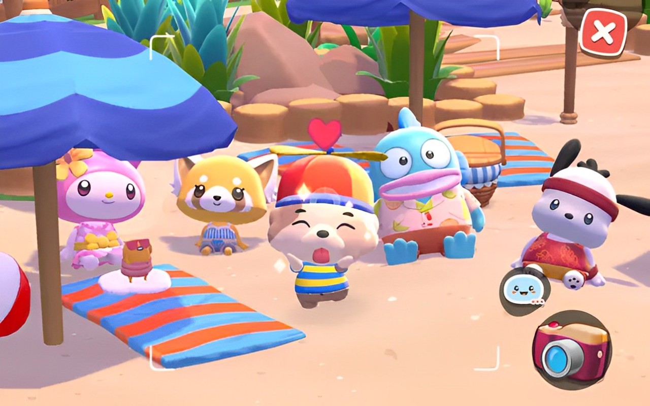 Characters pose on a beach in Hello Kitty Island Adventure