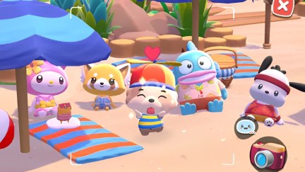 Characters pose on a beach in Hello Kitty Island Adventure