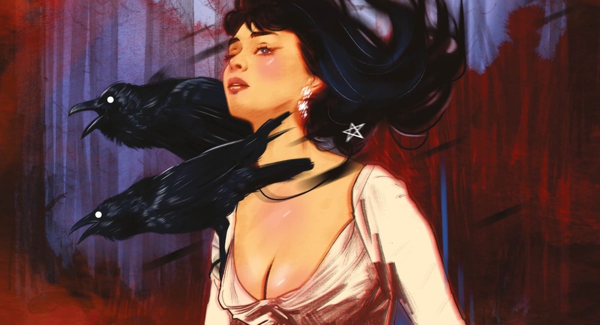 A dark-haired woman in low cut dress stands with crows around her neck on Misty 2024 cover