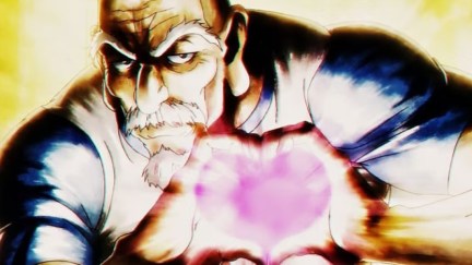 Old man Isaac Netero charges up a ball of energy in his palms in 