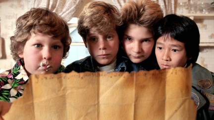 Jeff Cohen as Chunk, Sean Astin as Mikey, Corey Feldman as Mouth and Ke Huy Quan as Data in The Goonies