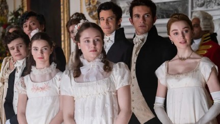 The Bridgerton children gathered at Eloise's debut, including Daphne, Athony, Benedict, Francesca, Hyacinth, and Gregory