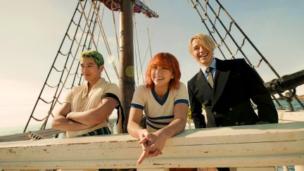 Mackenyu as Roronoa Zoro, Emily Rudd as Nami, and Taz Skylar as Sanji in One Piece