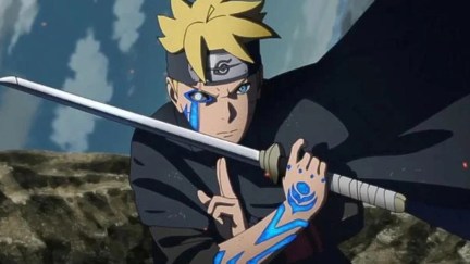 Boruto weilding a sword and making a hand sign in 