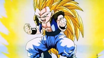 Gotenks glows with power and flexes his muscles in 