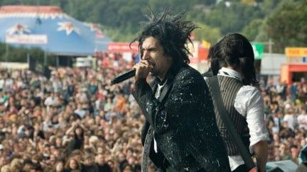 Jimmy Urine and Lyn-Z of American band Mindless Self Indulgence perform on stage at the Reading Festival, England on August 24 2008. (Photo by Nigel Crane/Redferns)