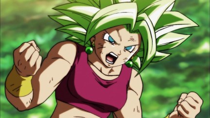 Kefla bears her fists against a green sky in 