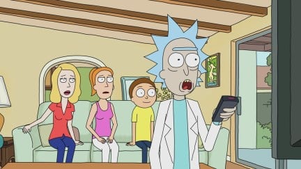 Rick, Morty, Summer, and Beth watching TV