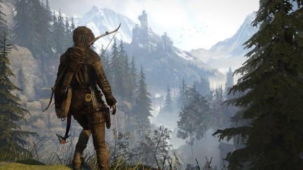 Lara Croft overlooks rugged wilderness in 