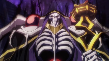 Lich Lord Ainz Ool Gown sits holding a golden goblet in 