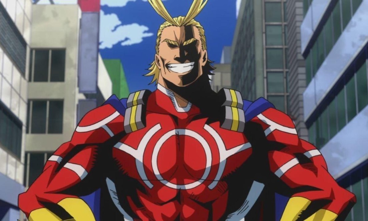 All Might stands on a city block grinning in "My Hero Academia" 