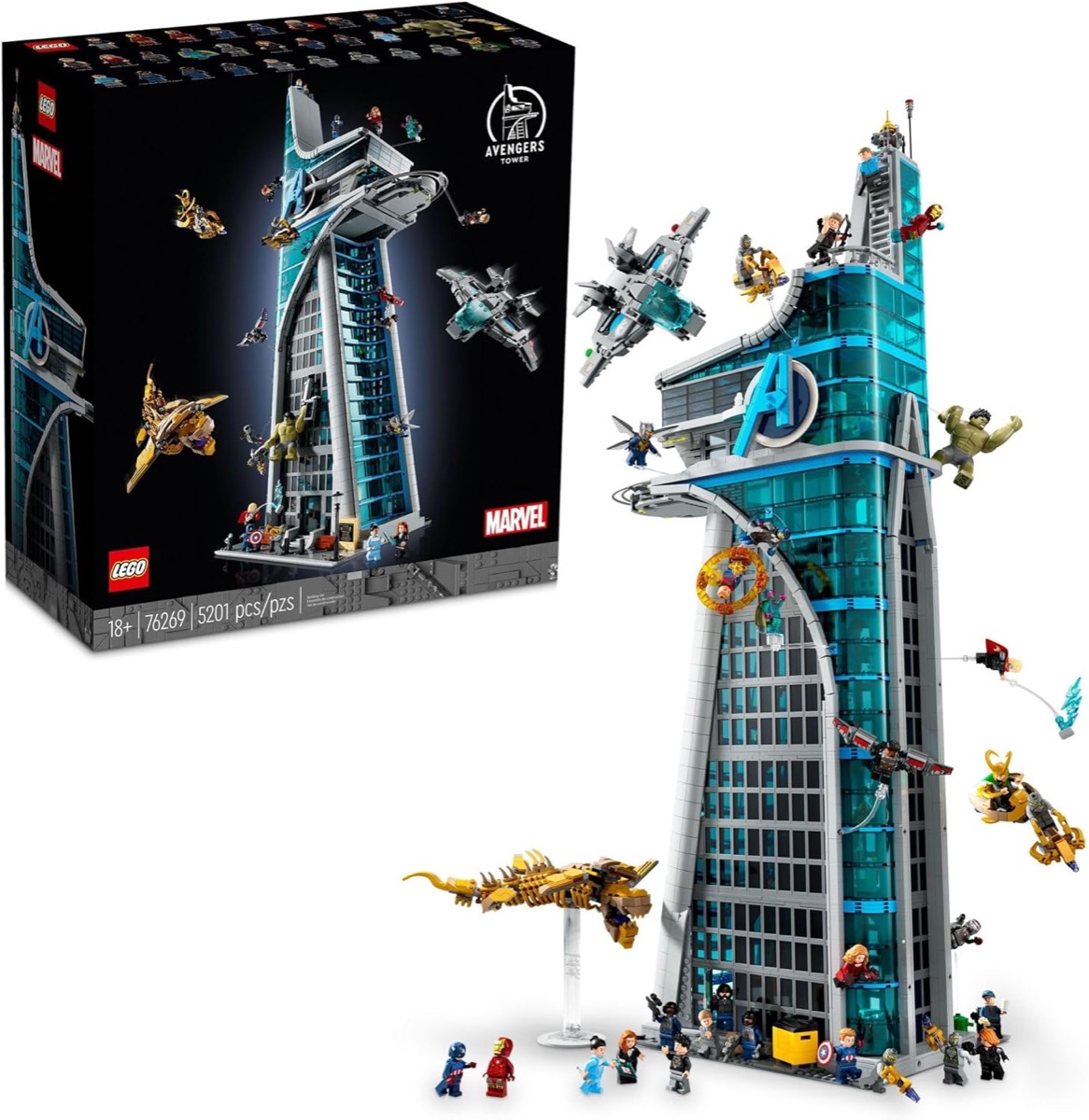 A LEGO version of The Avengers' Tower stands tall