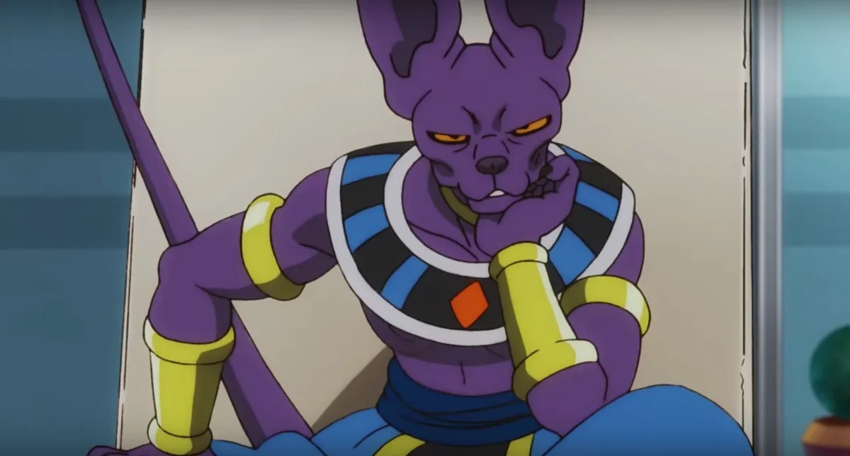 Lord Beerus sits on a throne and smirks in "Dragon Ball Super" 