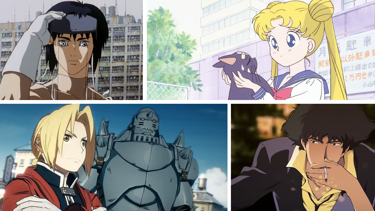 A collage featuring anime protagonists (clockwise from top left): 'Ghost in the Shell,' 'Sailor Moon,' 'Cowboy Bebop,' and 'Fullmetal Alchemist'
