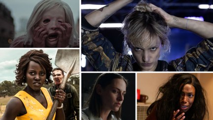 A collage featuring some of the best horror movies released by Neon (clockwise from top left): 'Possessor,' 'Titane,' 'Bad Hair,' 'Crimes of the Future,' and 'Little Monsters'